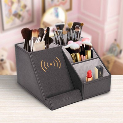 Multifunction Pu Leather Organizer Box With Wireless Charger Compatible For All Qi-enabled Phones