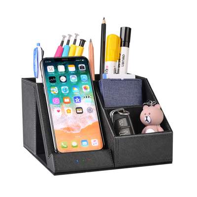 Home Cosmetic Storage Box Office PU Leather Multi-Function Desk Stationery Organizer Box With Wireless Fast Charging